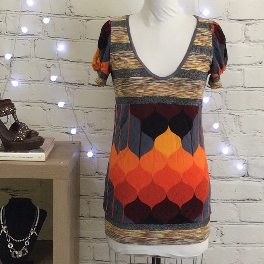 Custo Barcelona Multicolor Geometric Print  Puff Sleeve Tunic Size M
